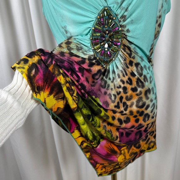 Vintage y2k Venus Leopard Floral Jewel Embellished Tunic Top Turquoise V-Neck - Picture 2 of 4